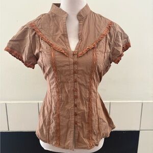 Western Style  Tan Lace-Trim Button Front Top